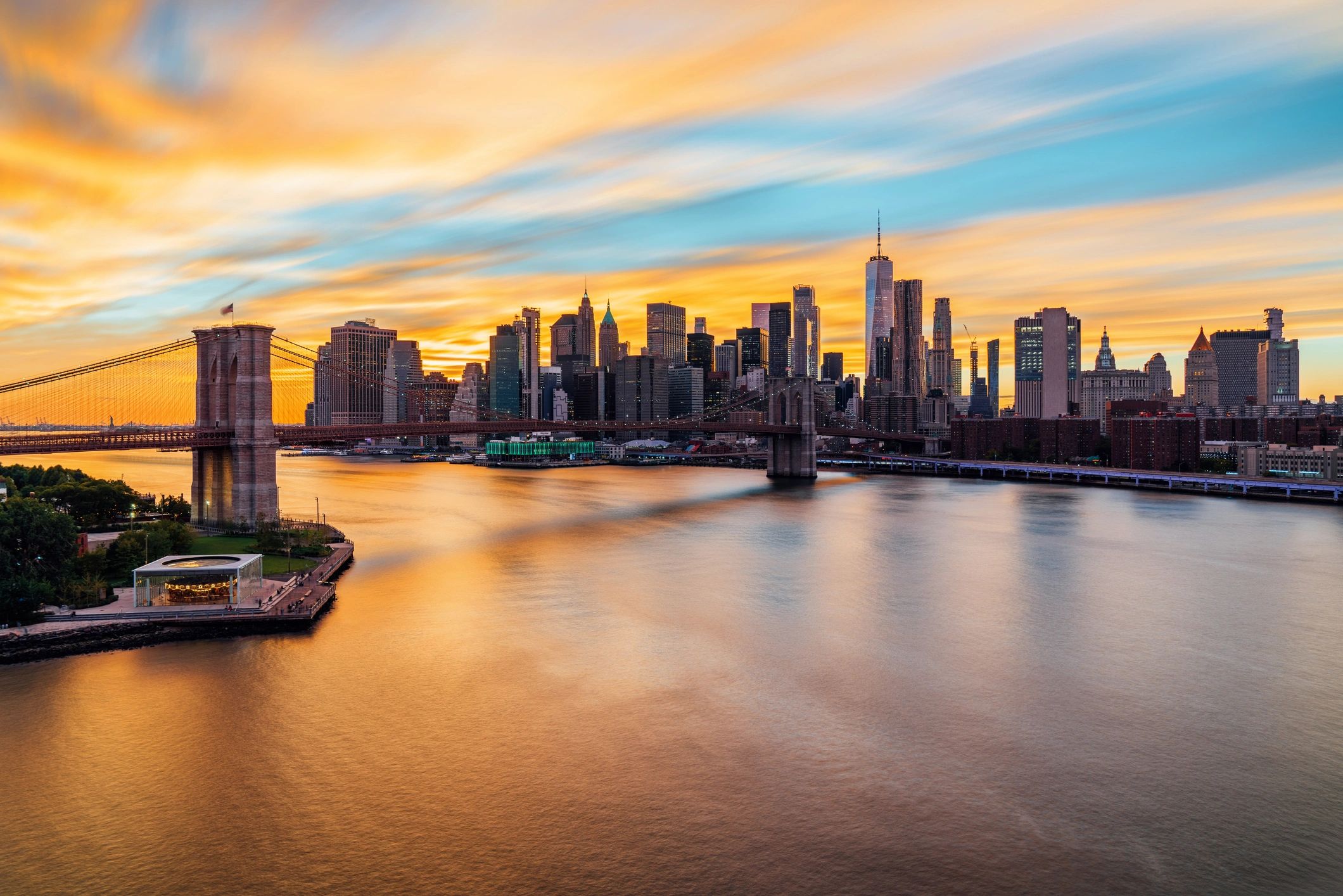 Brooklyn Bridge and skyline in warm evening light